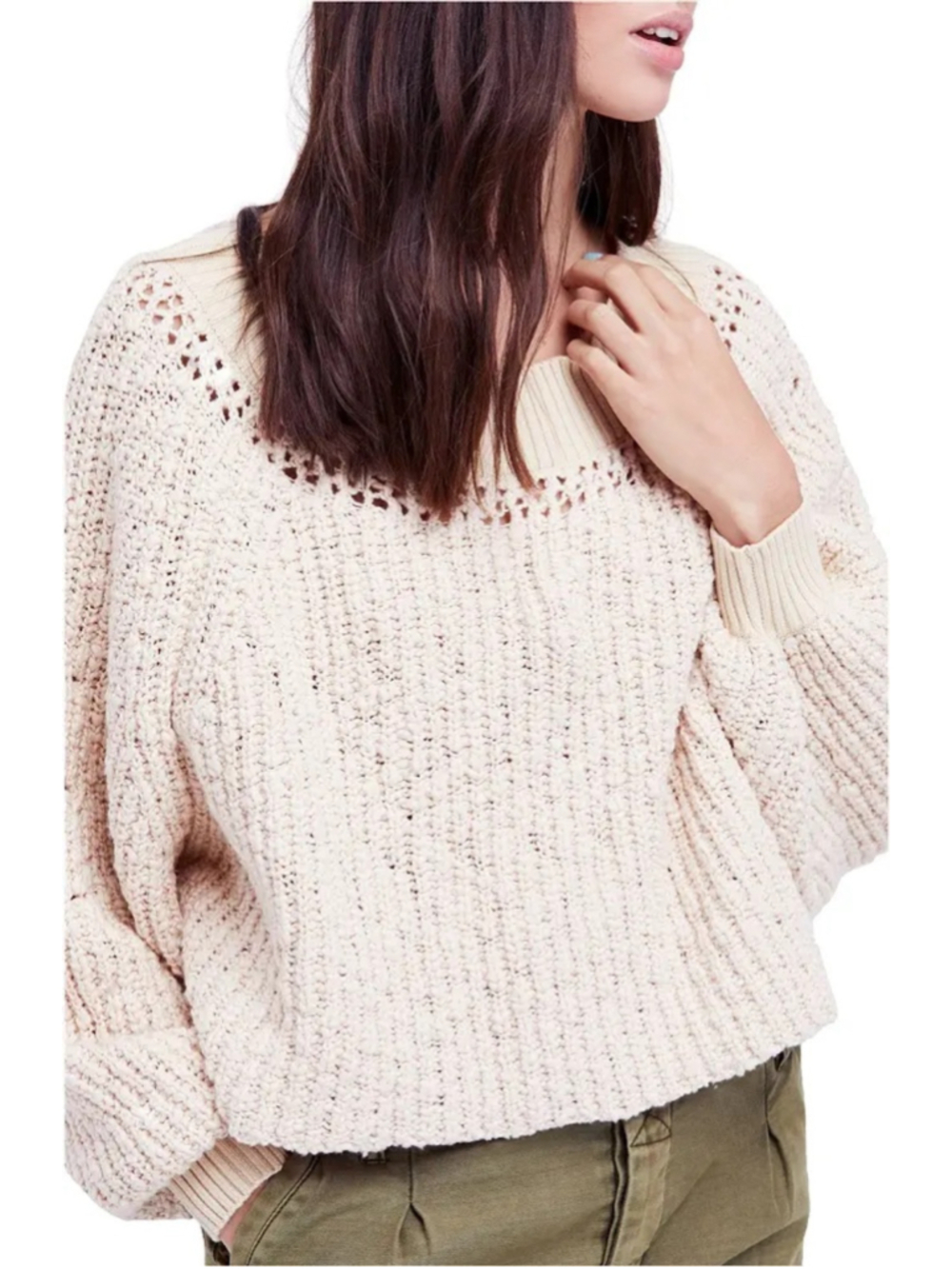 Free People Pandora Boatneck Sweater ivory chunky knit cropped women’s medium - Picture 1 of 10